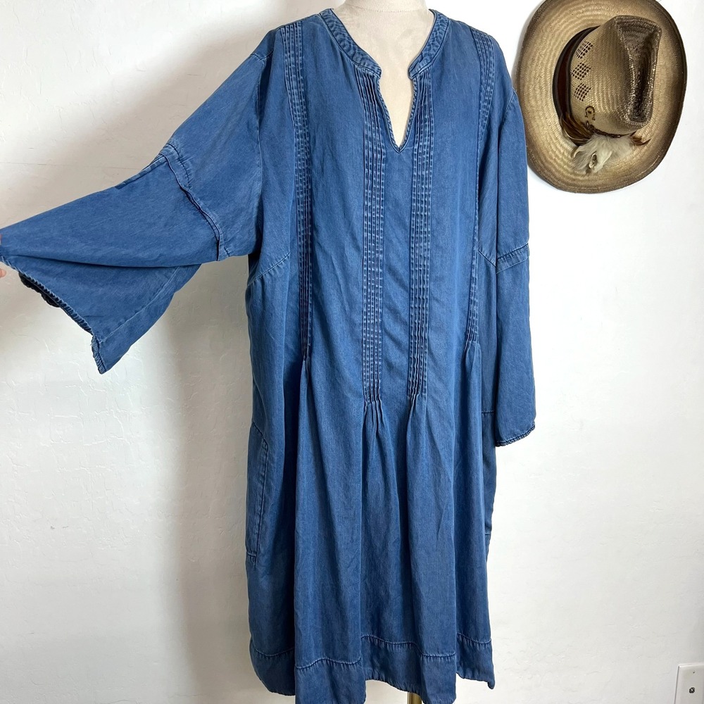 Cato Est 1946 Blue Tencel Denim Pintuck Tunic Shift Dress Pockets Boho